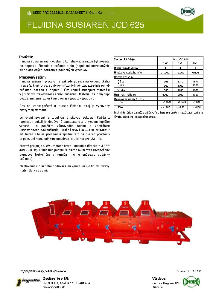 Technický list Fluidná sušiareň JCD 625